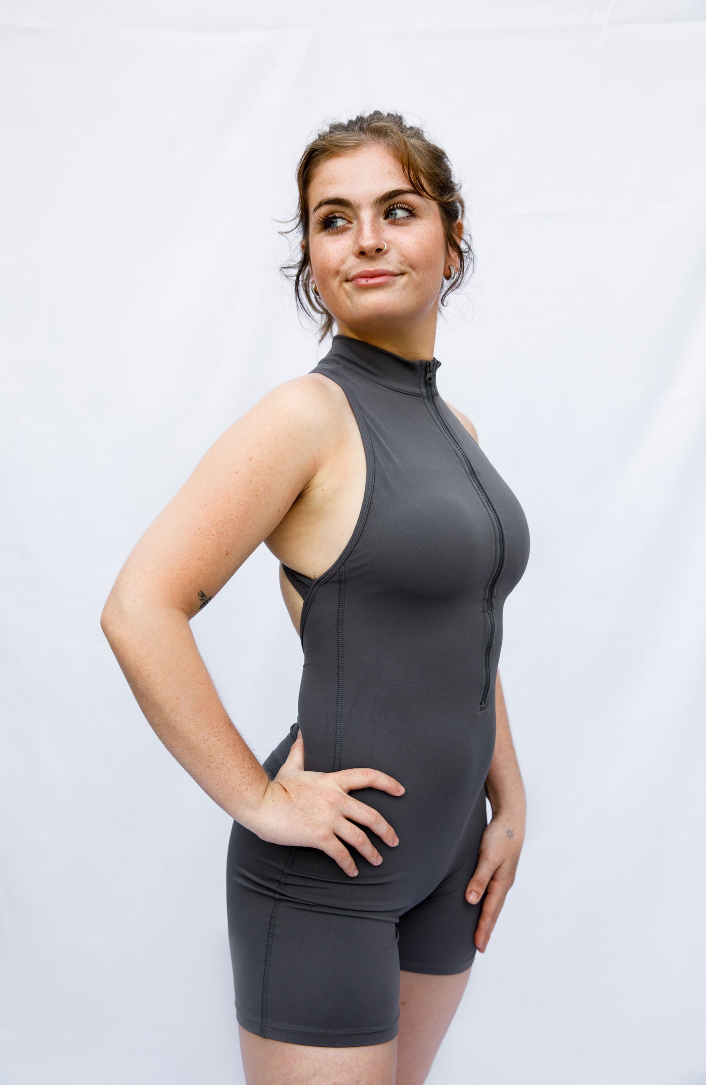 Graphite Seamless Zip-Front Playsuit with Scrunch-Back