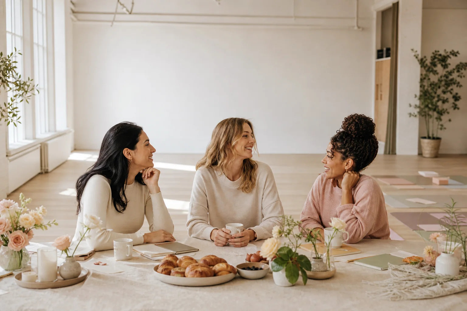 Three women in conversation at a warm studio brunch — temporary event placeholder
