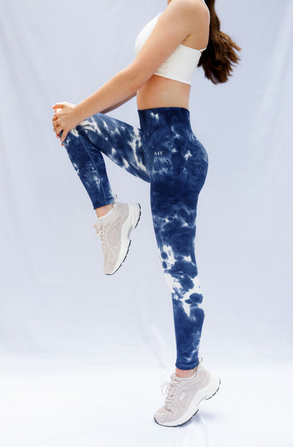 Navy Tie-Dye Seamless Leggings – High-Waisted Printed Activewear
