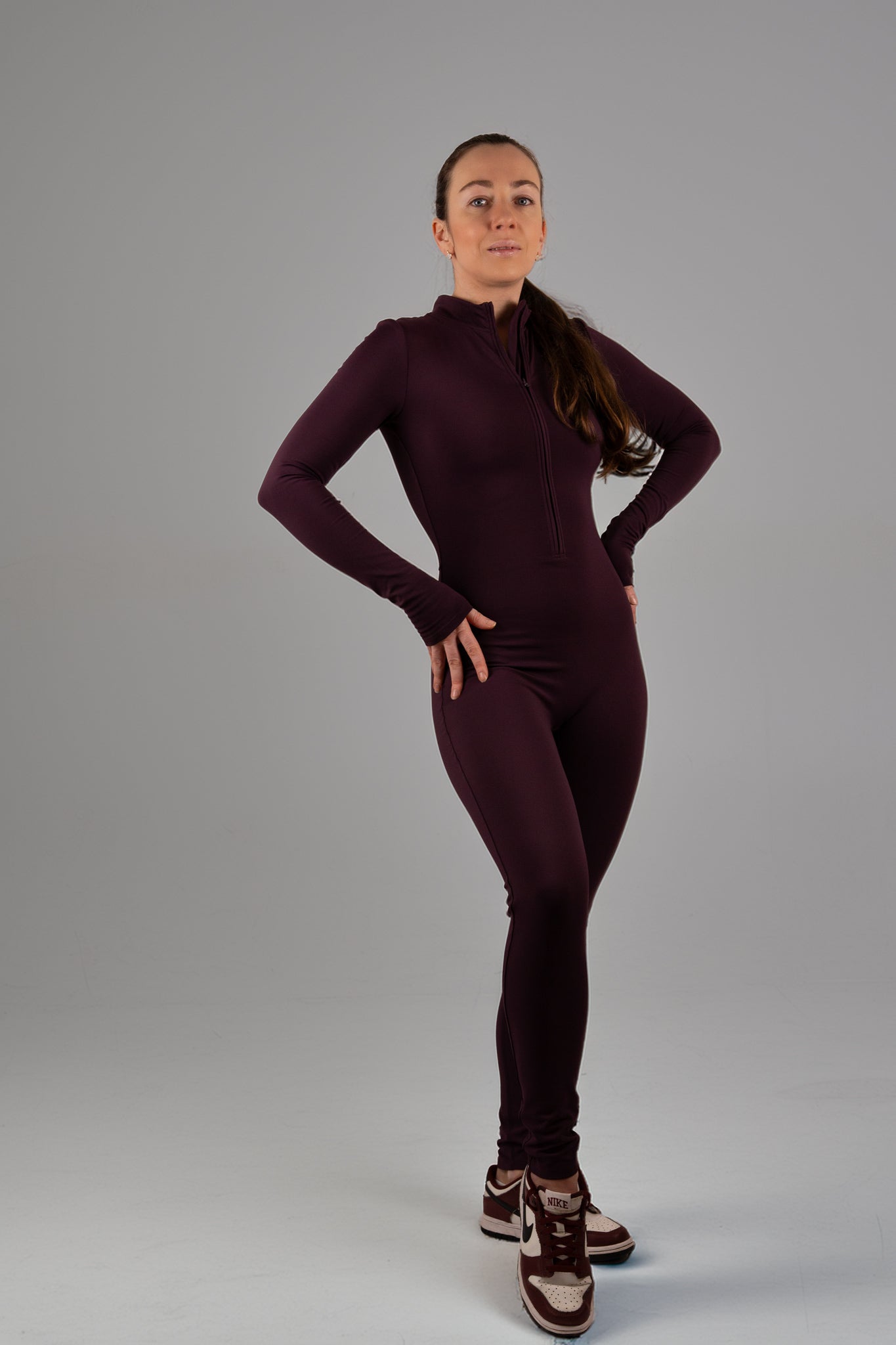 Burgundy Long-Sleeve Zip Unitard
