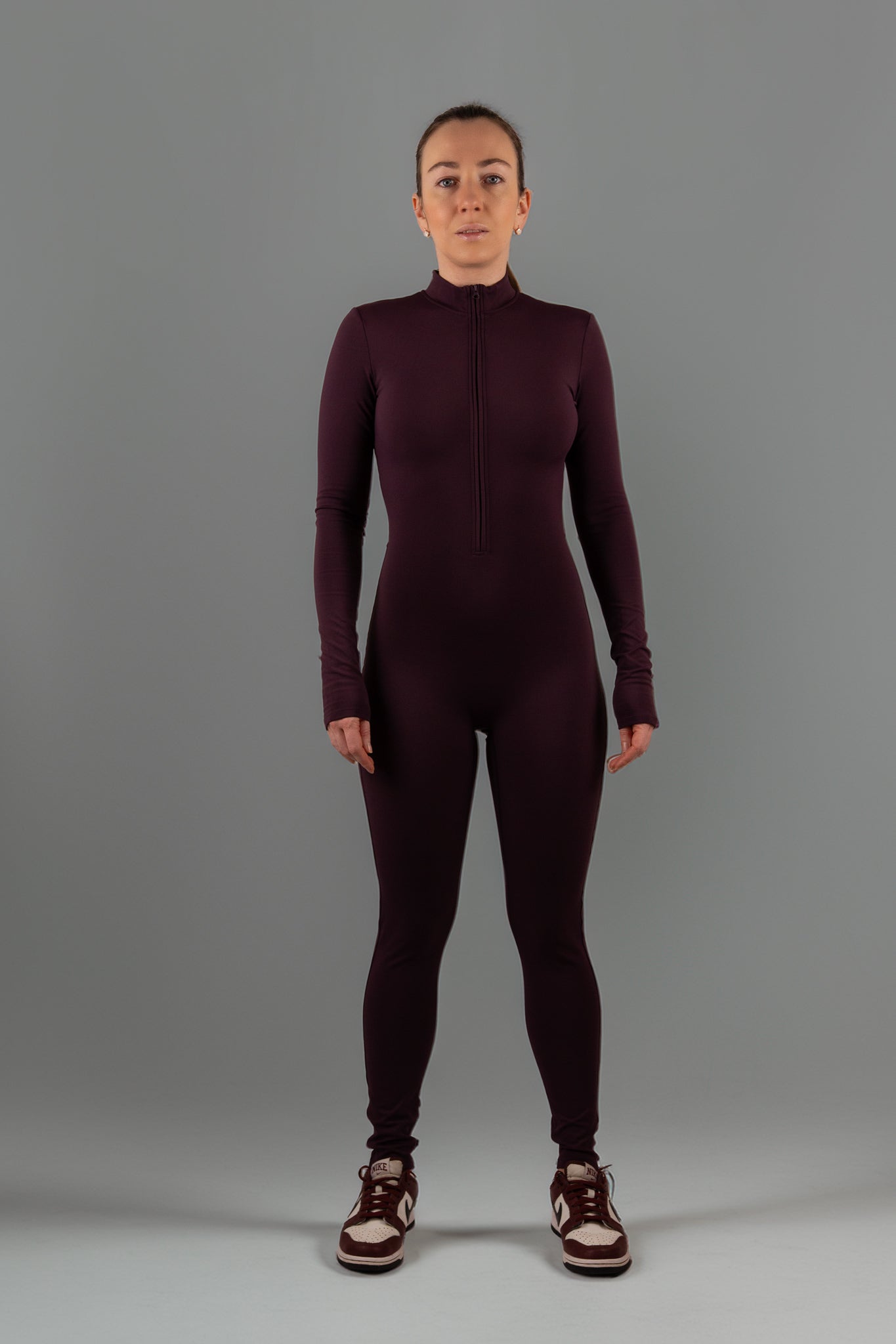 Burgundy Long-Sleeve Zip Unitard