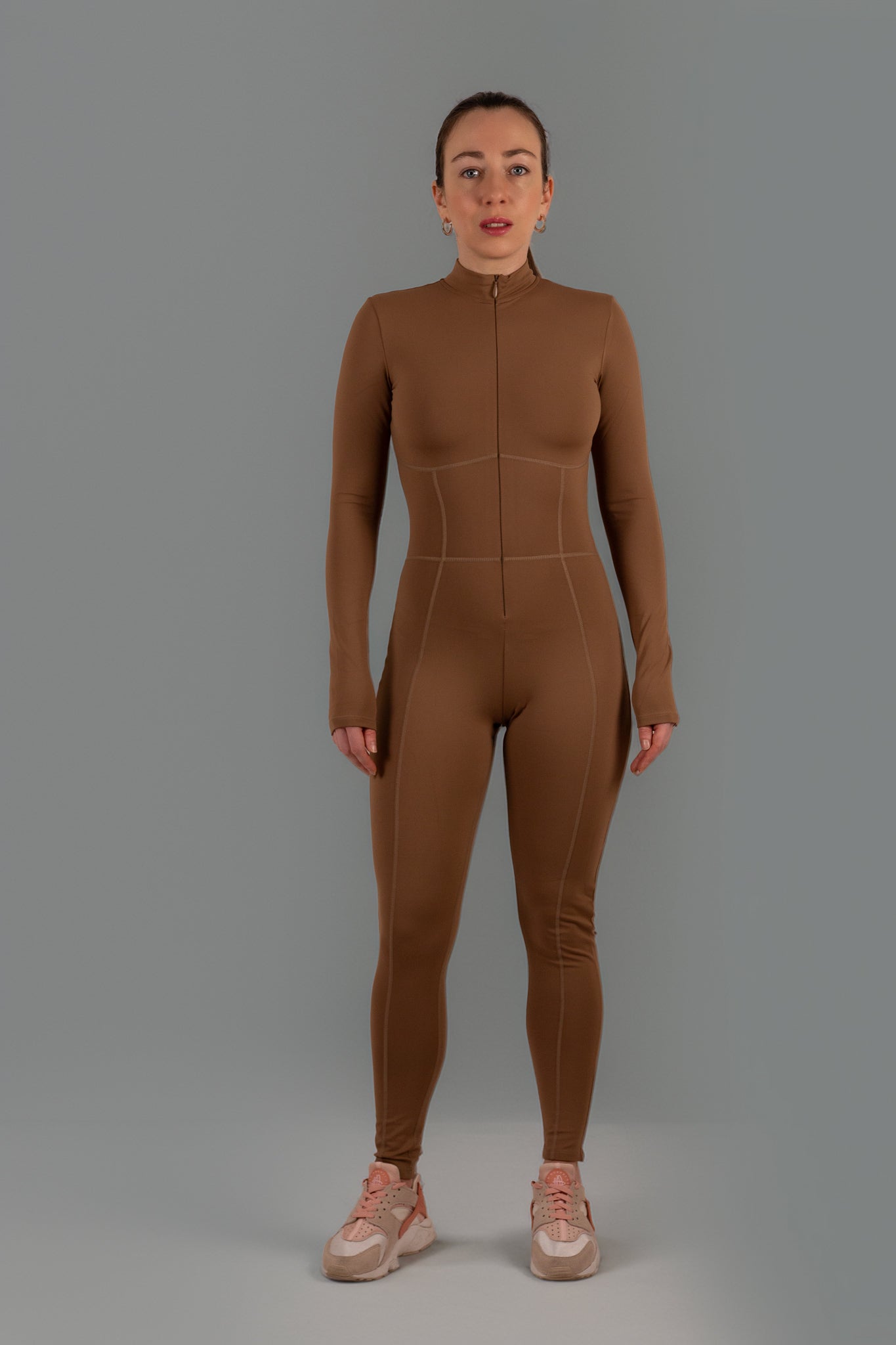 Caramel Long-Sleeve Sculpting Zip Unitard