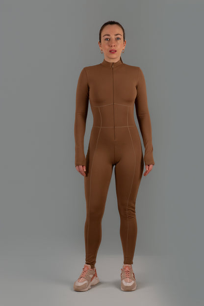 Caramel Long-Sleeve Sculpting Zip Unitard