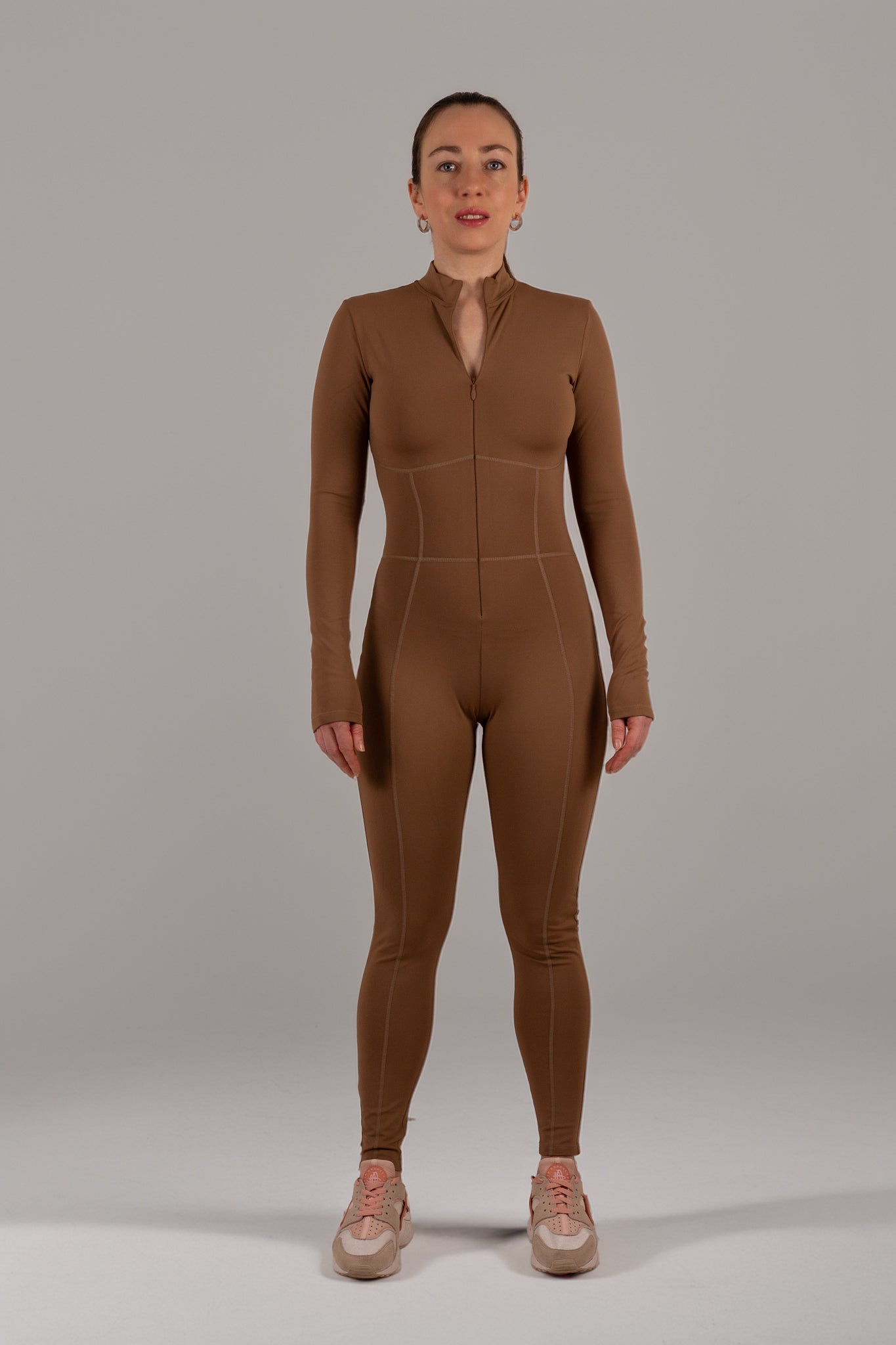 Caramel Long-Sleeve Sculpting Zip Unitard