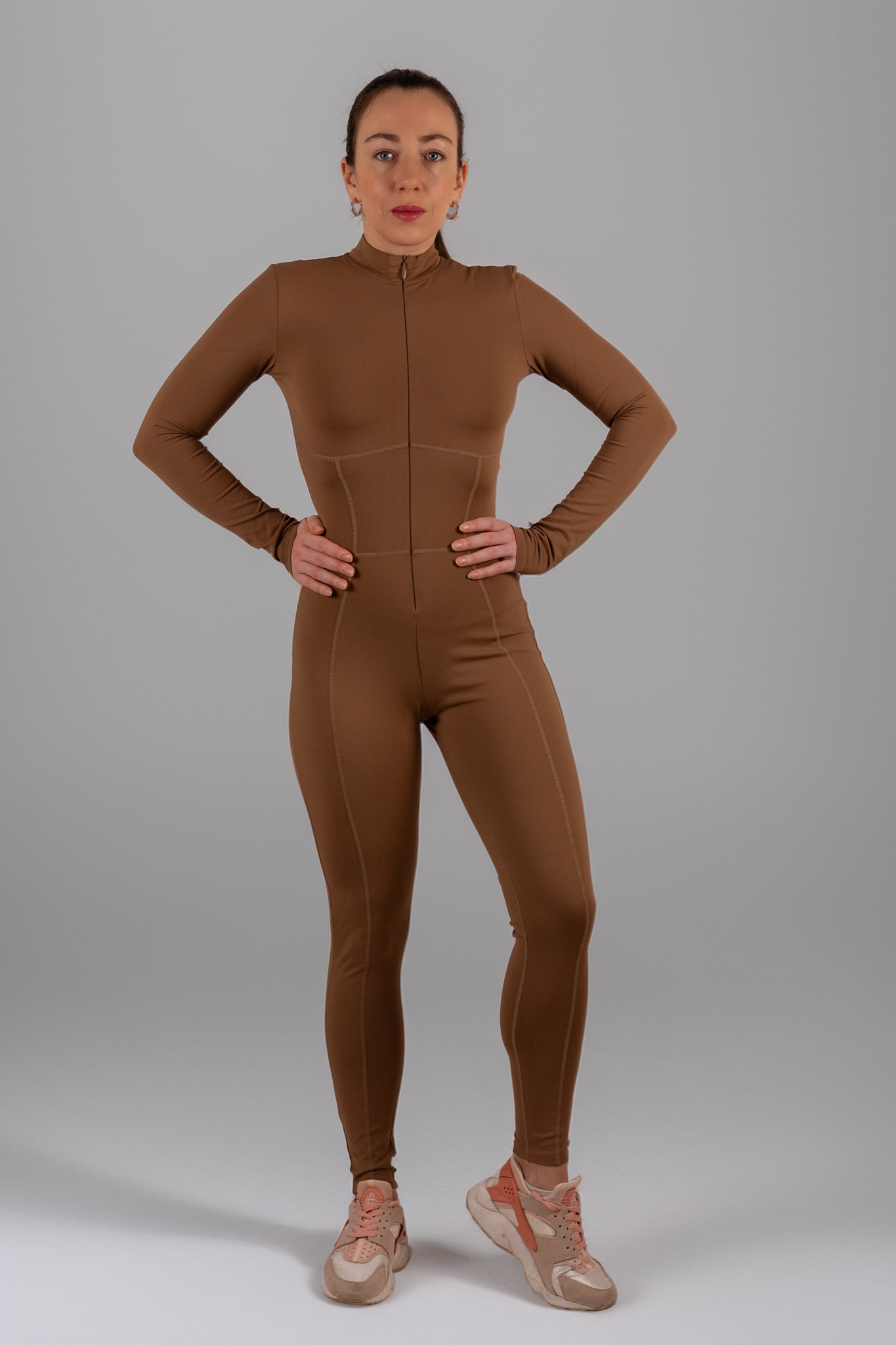 Caramel Long-Sleeve Sculpting Zip Unitard