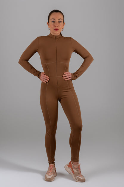 Caramel Long-Sleeve Sculpting Zip Unitard