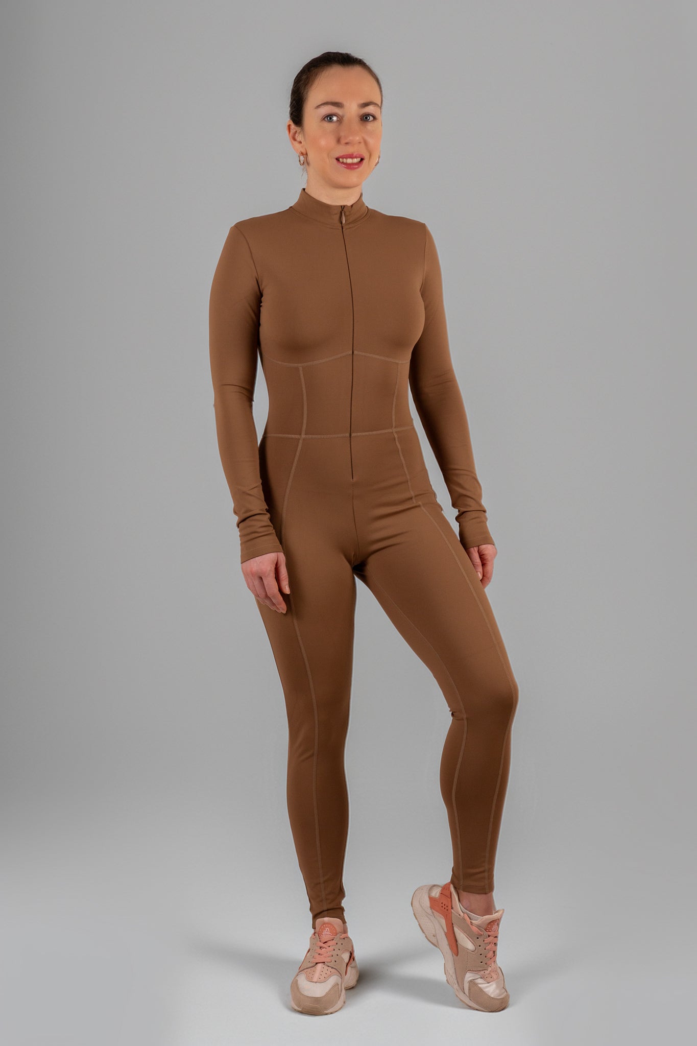 Caramel Long-Sleeve Sculpting Zip Unitard