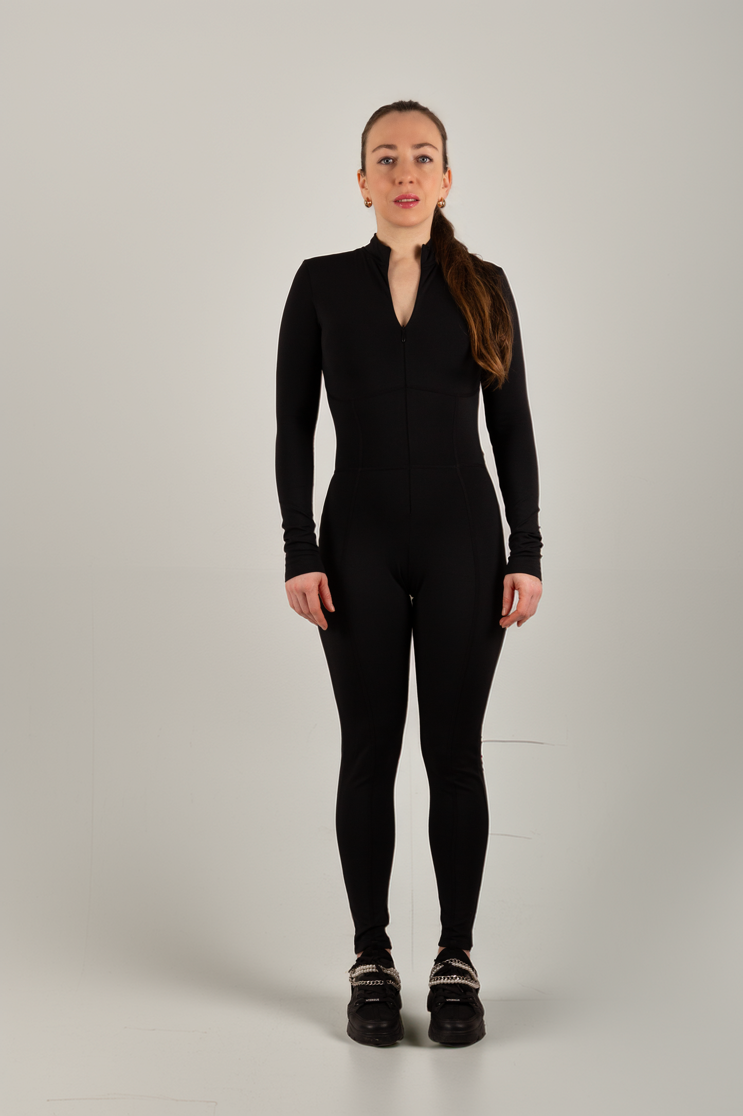 Black Long-Sleeve Sculpting Zip Unitard