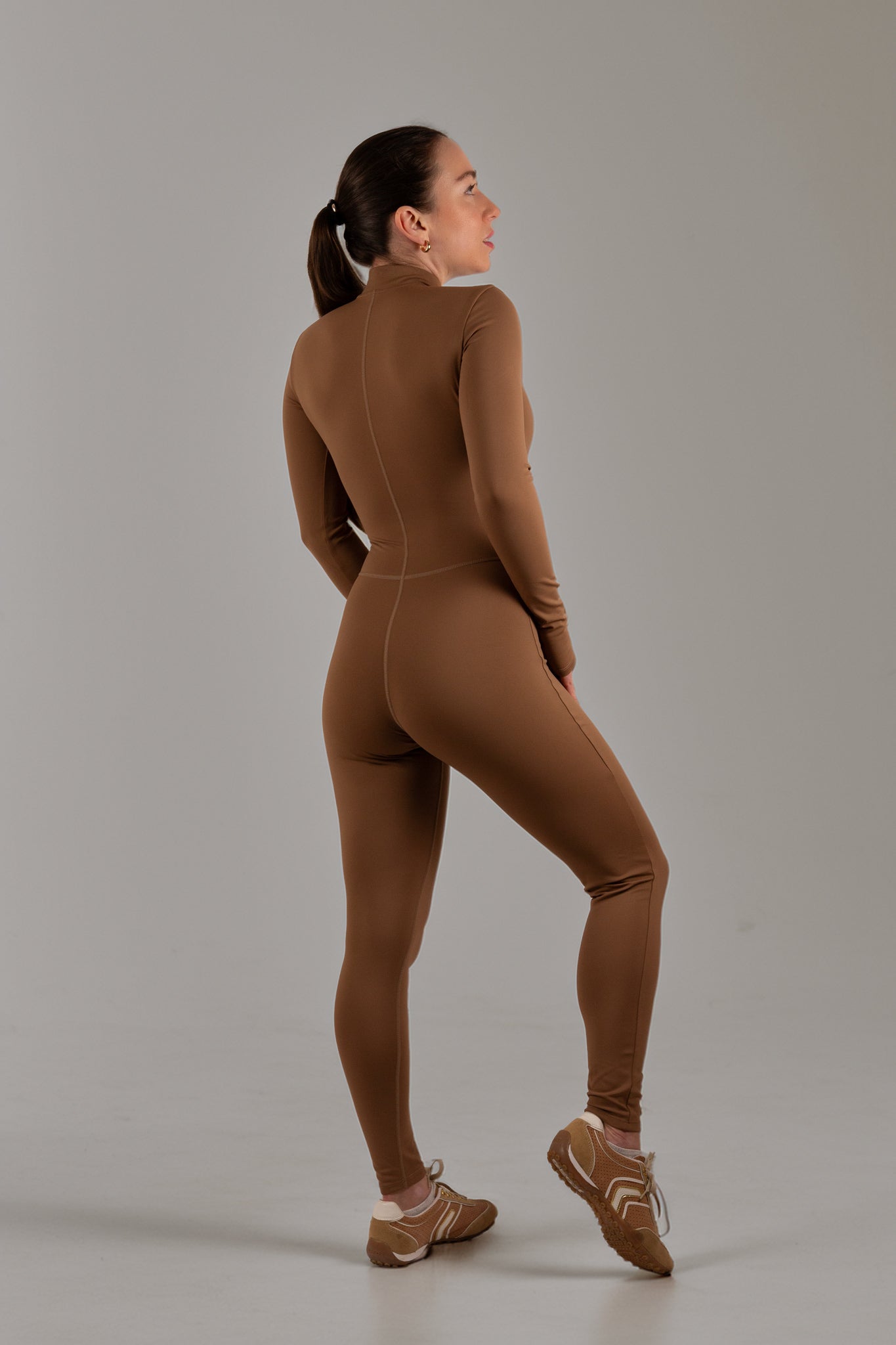 Caramel Long-Sleeve Sculpting Zip Unitard