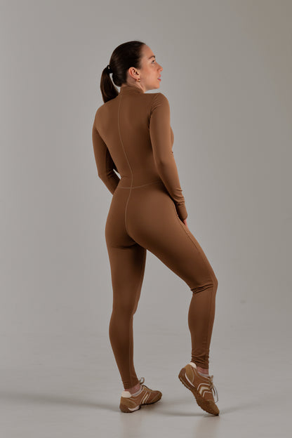 Caramel Long-Sleeve Sculpting Zip Unitard